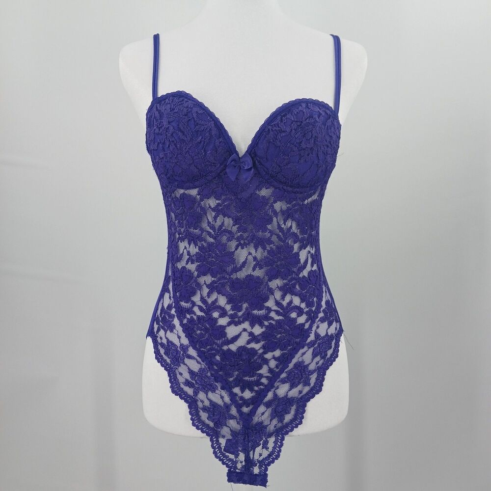 Vintage 80s Victorias Secret Bodysuit Gold Label Womens 36A Purple Lace Teddy